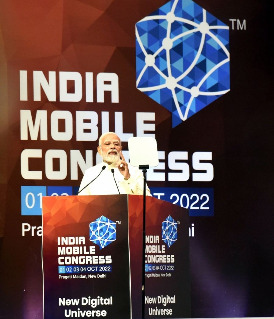 New Delhi: Prime Minister Narendra Modi speaks during the launch of 5G services in India at the 6th India Mobile Congress, at Pragati Maidan in New Delhi on Saturday, October 01, 2022. (Photo:Qamar Sibtain/ IANS)